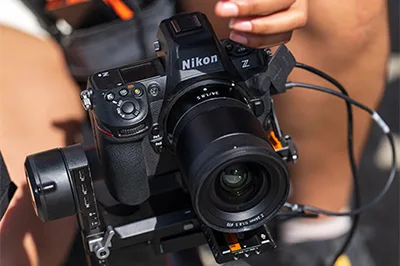 Photo of a Nikon Z8 on a gimbal system doing a video recording.